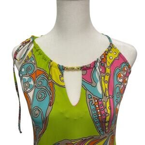 Trina Turk Mini Dress Colorful Butterflies Size XS Shoulder Tie Luxury Designer